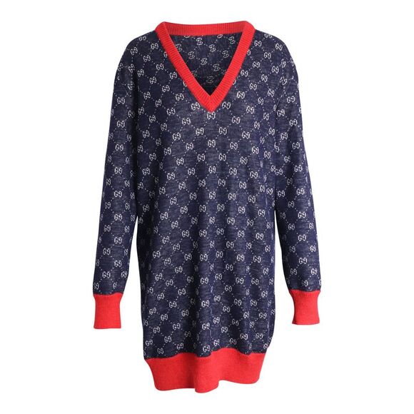 Gucci Bicolor Logo Patterned Knit Sweater Dress in Blue Wool - Picture 1 of 6